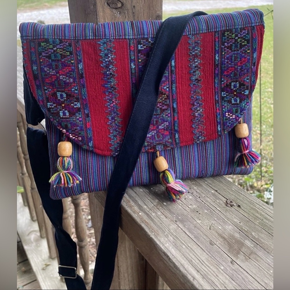 Handwoven Red & Multicolor Crossbody Bag with Tassel Accents